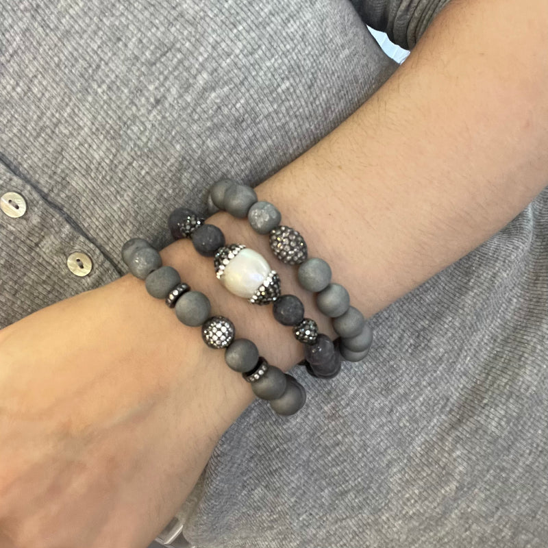 Gray Bead & Swarovski Crystal Stretch Bracelet