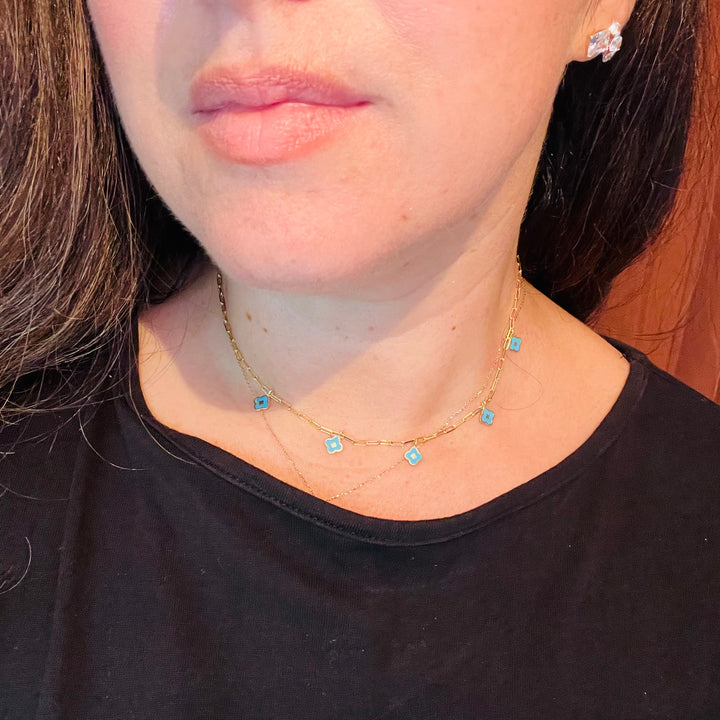 Turquoise Mini Link Clover Charm Necklace