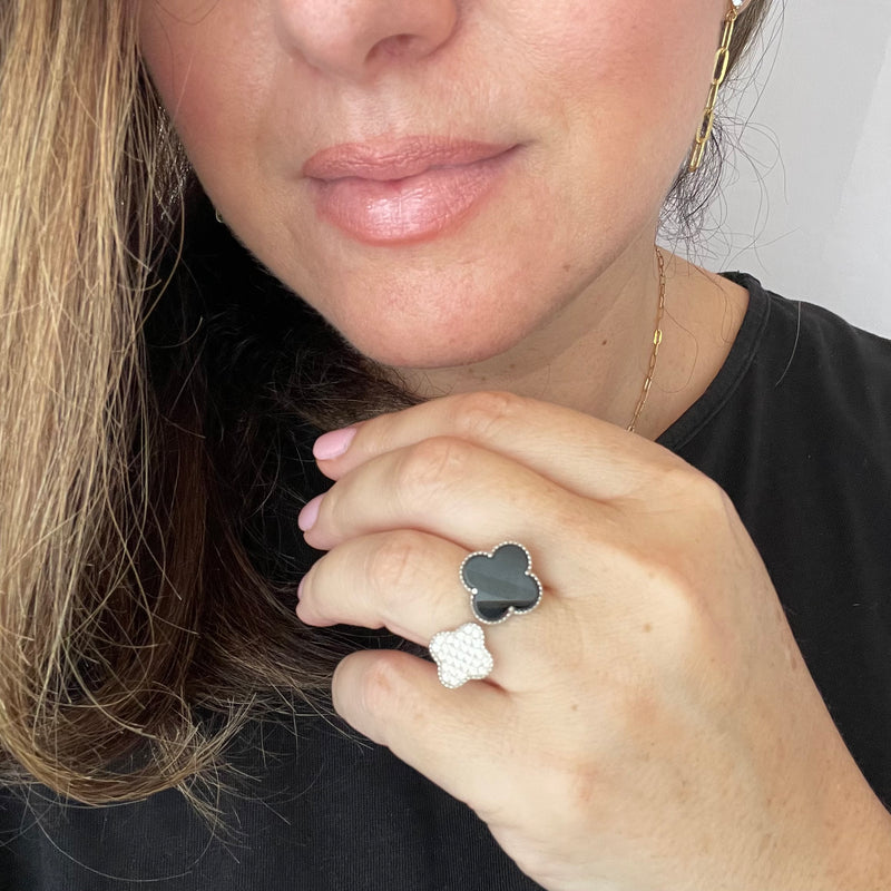 Onyx & CZ Double Clover Ring