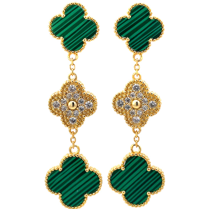 Green & Gold Three Clover Drop Earrings