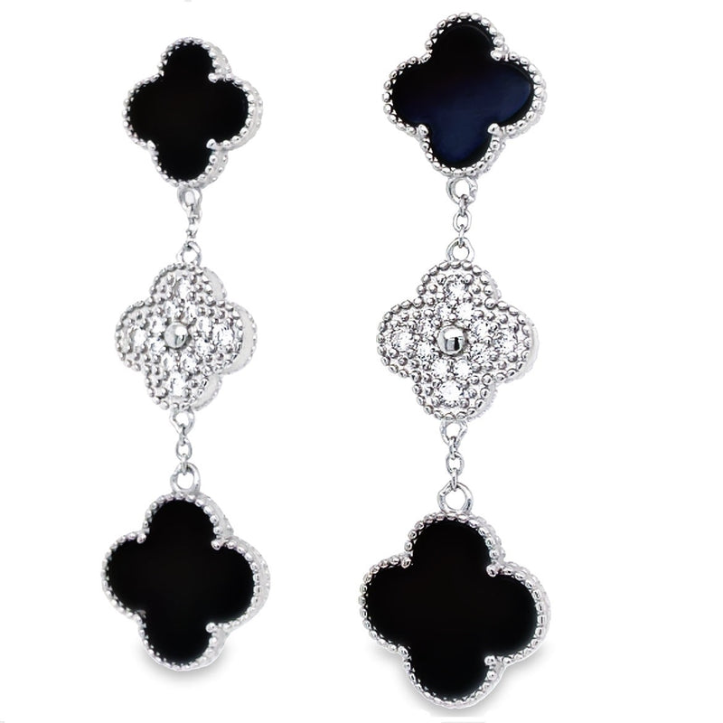 Black & Silver Three Clover Drop Earrings