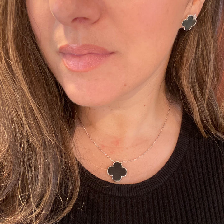 Black Onyx Clover Necklace in Silver