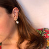 Pearl Drop Earrings With Green Crystal Accents