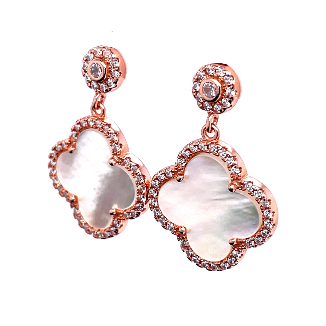 Mother of Pearl Hanging Clover Earrings In Rose Gold