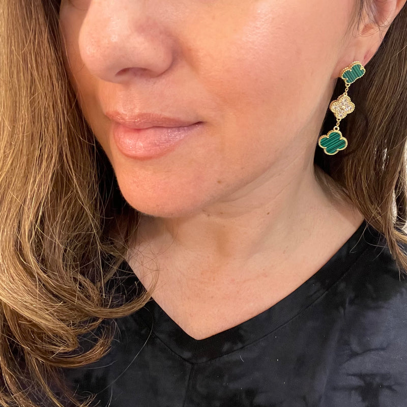 Green & Gold Three Clover Drop Earrings